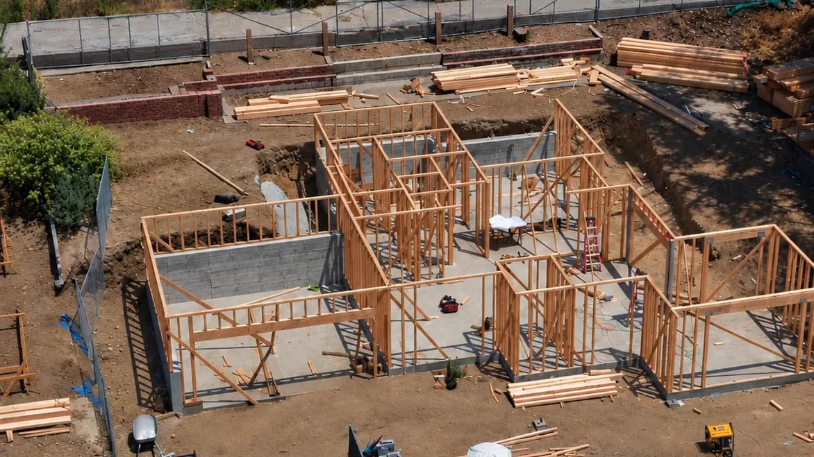 Aerial progress shot of a single-family home at the framing stage, with exterior and interior walls in place over the foundation.